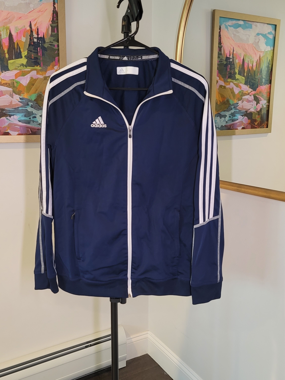 ADIDAS Navy Blue Track Jacket Classic 3 Stripe Design Athleisure Women's Size L